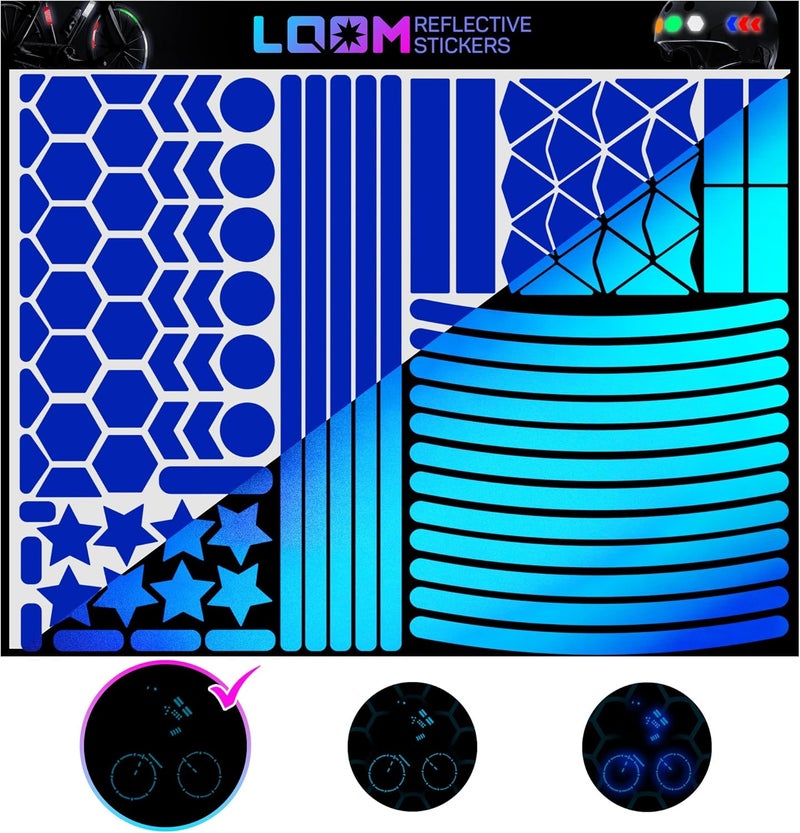 Loom مجموعة ملصقات عاكسة ميغا (101 قطعة زرقاء) • ملصقات ذاتية اللصق مقاومة للماء لسلامة الليل للخوذ، لوح التزلج، الدراجة، السكوتر، الدراجة الكهربائية، الدراجة النارية وعربات الأطفال • ألوان زاهية - Image 1
